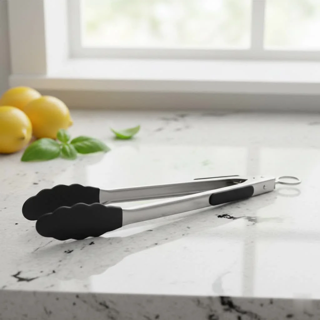 Chef using kitchen tweezer tongs for precision plating