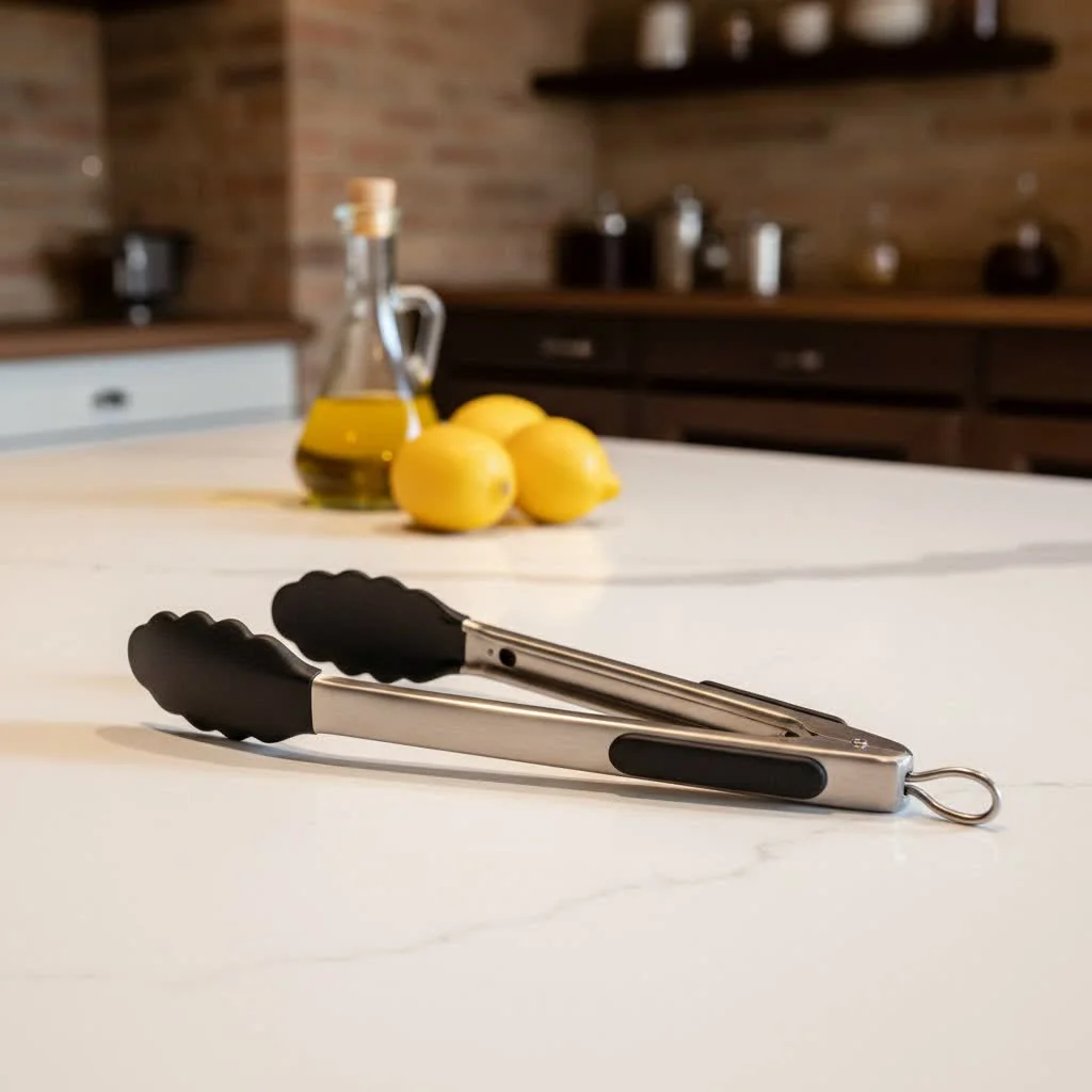Chef using stainless steel kitchen tongs to flip food