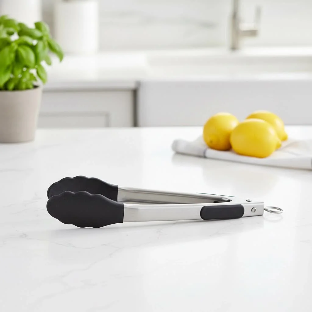 Gravity locking kitchen tongs in a kitchen setting