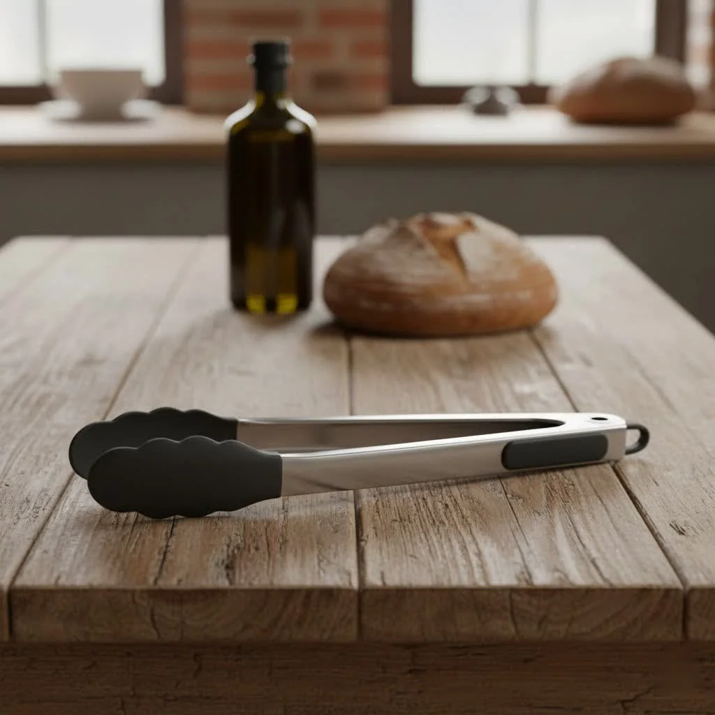 Close-up of 7-inch stainless steel kitchen tongs